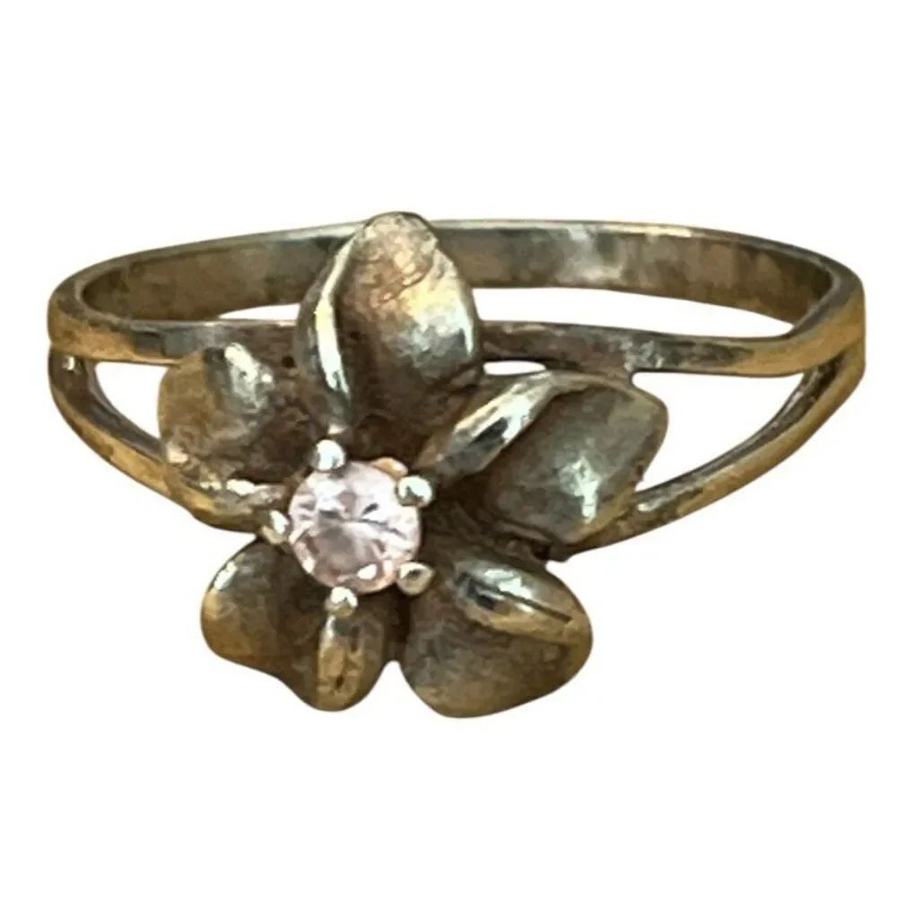Size 6 Sterling Silver Hawaiian Plumeria Flower Ring Light Pink CZ 1.9 g Dainty